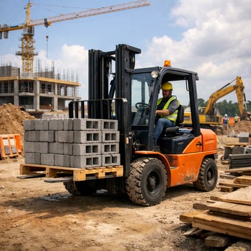 orange forklift transporting bricks on a bendigo construction site