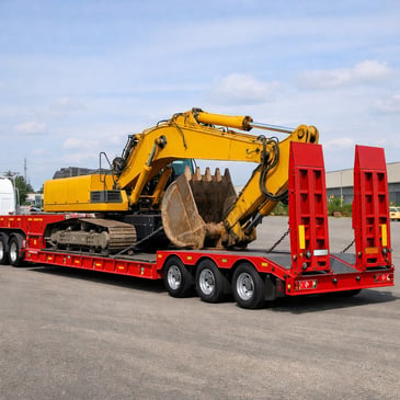 Red low loader truck carrying a yellow mini excavator on a Cairns construction site