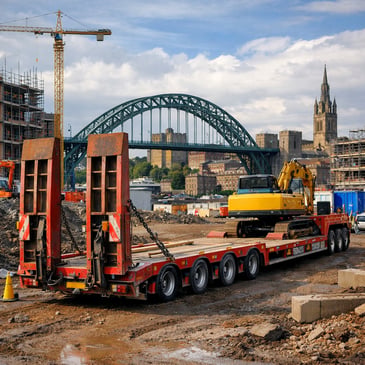 low loader truck hauling a yellow mini excavator on a Newcastle construction site