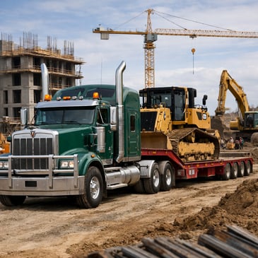 green prime mover transporting other construction machines around a construction site 
