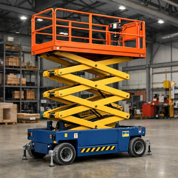 yellow orange and blue scissor lift indoors at a warehouse