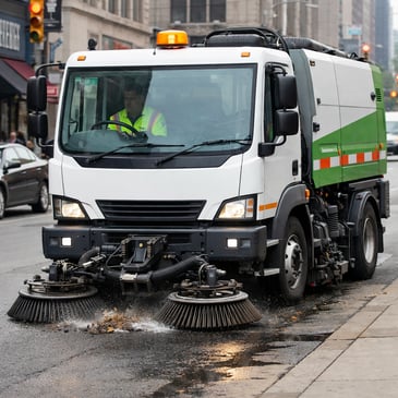 green and white street sweeper cleaning a city street