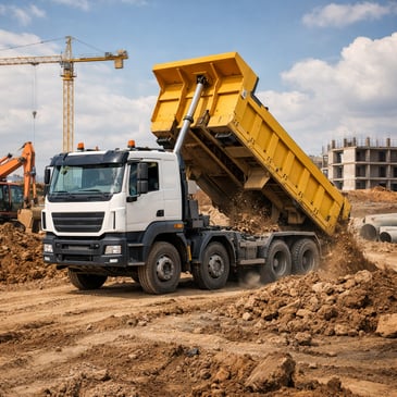 white and yellow tipper truck on a construction site in Townsville, Australia