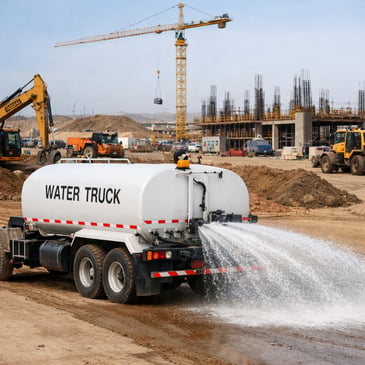 water cart spraying water for dust control and compaction on an Australian construction site