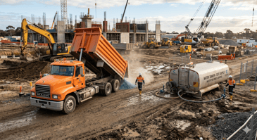 orange tipper truck on construction site Australia