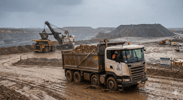 tipper truck on a muddy construction site in the rain