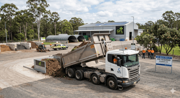 A white tipper truck on site at a residential construction site
