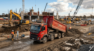 red tipper truck on constriction site 