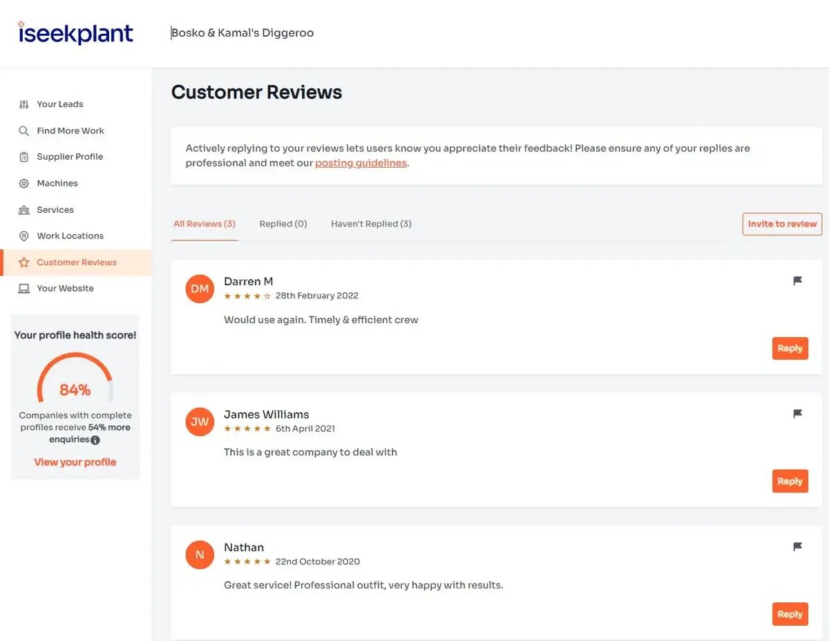 Customer Reviews screen in iseekplant