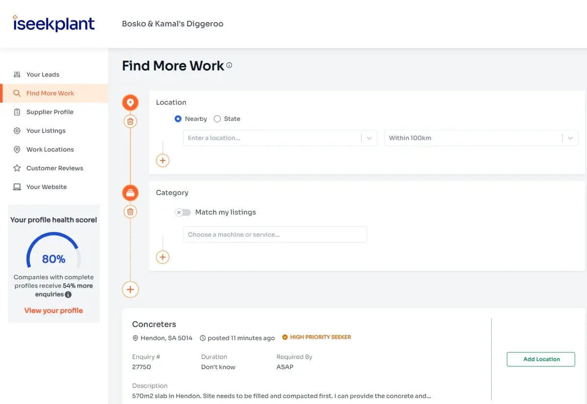 Find More Work search screen in iseekplant
