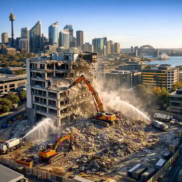 Aerial view of a commercial demolition site in Sydney with excavators tearing down a high-rise building.