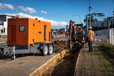 Newcastle civil roadworks site with a towable diesel generator powering traffic management and trenching equipment.
