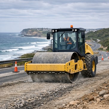 Vibrating drum roller compacting road base on a coastal highway near Newcastle with ocean and headlands in the background.