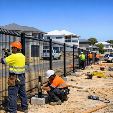 Workers in hi-vis installing new security fencing on a Perth suburban construction site.