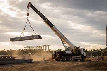 Crane truck lifting materials on a commercial construction site in Bendigo