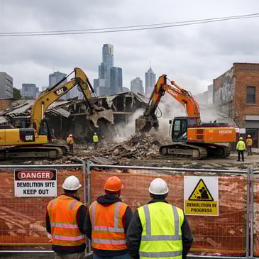 Excavators demolishing an old warehouse on an inner-city Melbourne job site with safety fencing and workers in hi-vis.