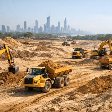 Earthworks machinery excavating and hauling soil on a Gold Coast subdivision site