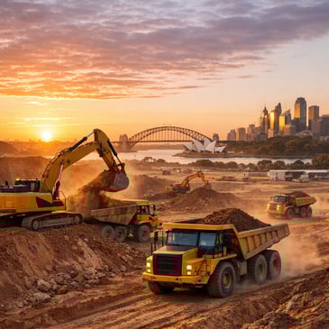 Excavators and trucks performing earthworks on a Sydney civil construction site at sunrise
