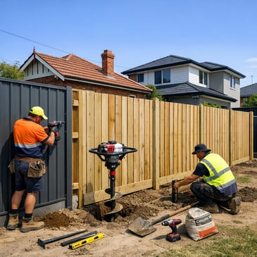 Contractors in hi-vis installing a modern Colourbond and timber boundary fence on a suburban Melbourne property.