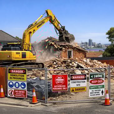 Excavator demolishing a brick house on a residential site in Newcastle with debris managed safely and temporary fencing in place.