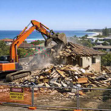 An excavator demolishing a house on the Sunshine Coast with debris and safety fencing