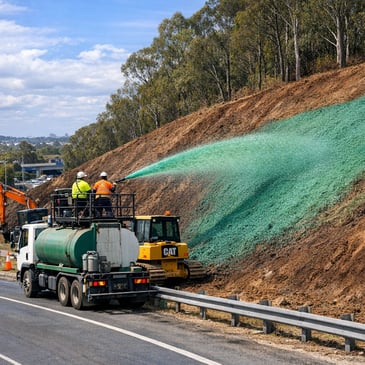 Hydroseeding crew spraying green slurry on a steep roadside embankment in Brisbane