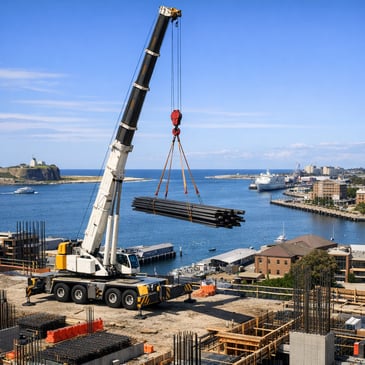 Mobile crane lifting steel on a construction site overlooking Newcastle harbour.