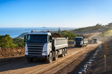 Fleet of tipper trucks hauling soil on a Sunshine Coast road project