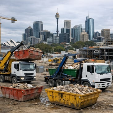 A Sydney construction site with skip bins and trucks managing construction waste in front of the city skyline