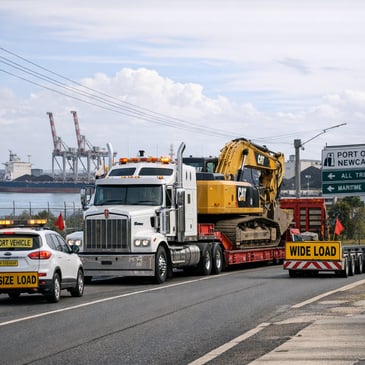 Prime mover and low loader transporting an excavator on a Newcastle industrial haul route