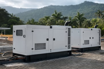 Silenced diesel generators running on a Cairns construction site with tropical vegetation behind.