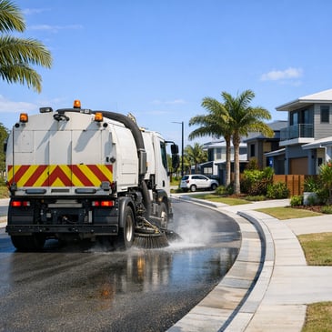 Truck street sweeper cleaning a newly constructed Sunshine Coast subdivision road