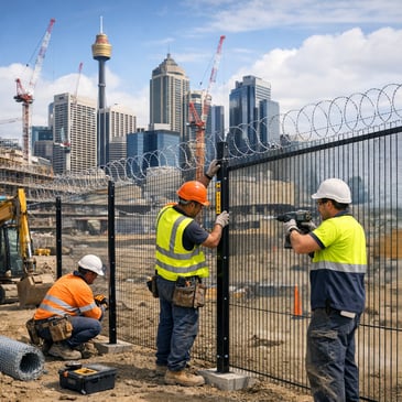 Fencing contractors installing security fencing on a Sydney construction site