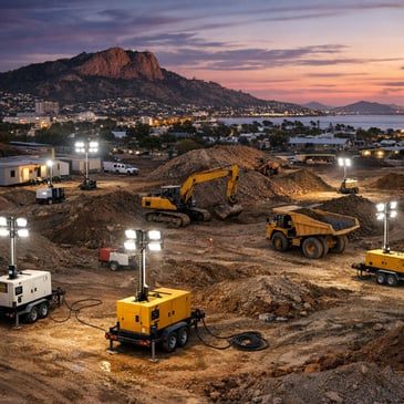 Townsville construction site using hired generators to power site sheds and lighting at dusk