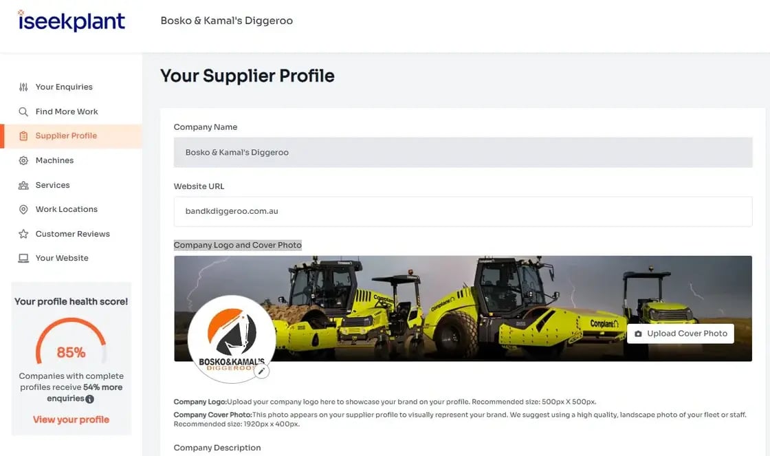 Supplier Profile screen in iseekplant